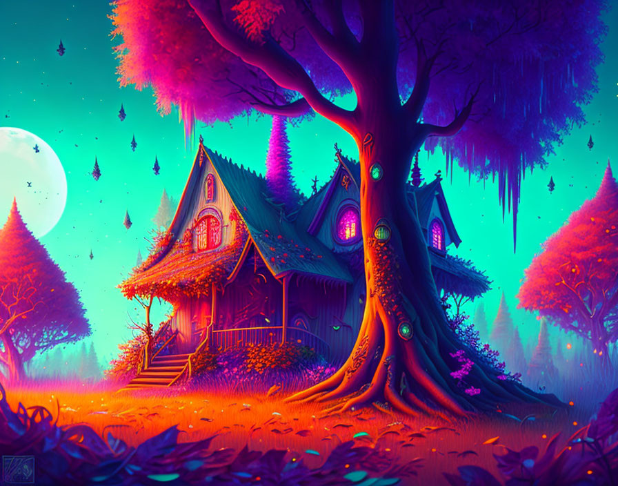 Illustration of Vibrant Treehouse in Enchanting Twilight Forest