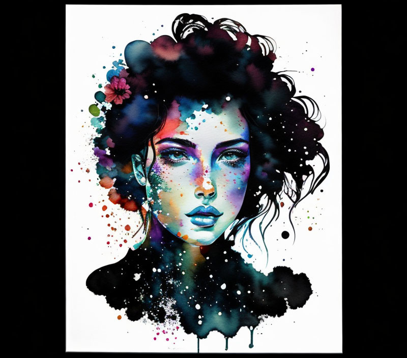 Vibrant watercolor portrait of a woman blending colorful splashes