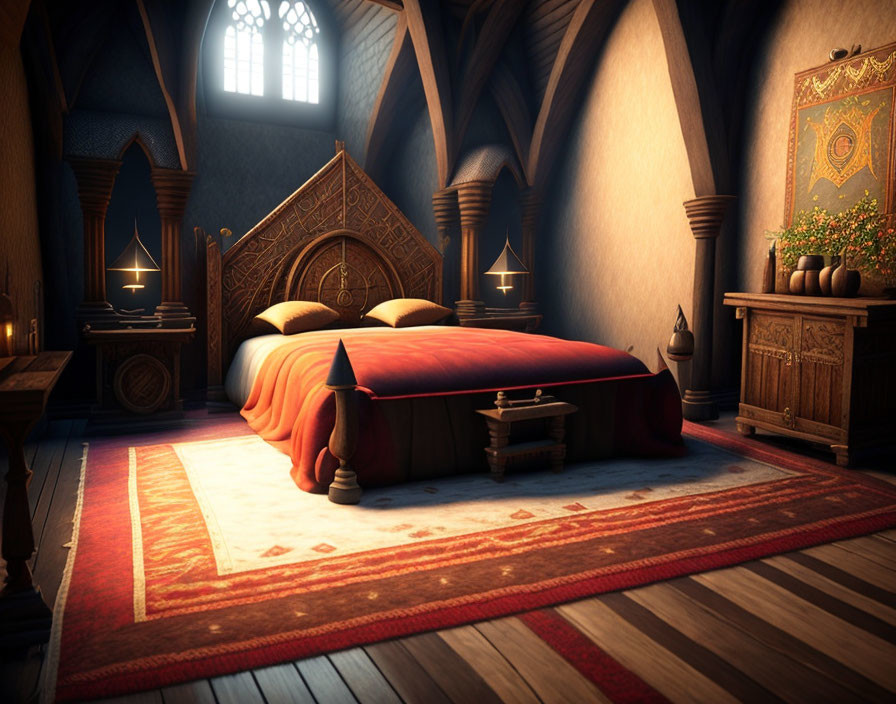 Medieval-style bedroom with large bed, ornate furniture, patterned rug, and gothic windows