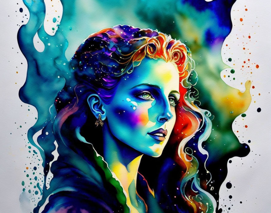 Colorful Watercolor Painting of Woman Blending with Celestial Background