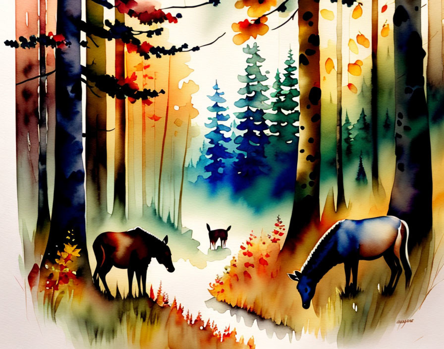 Whimsical forest watercolor with autumn horses & light