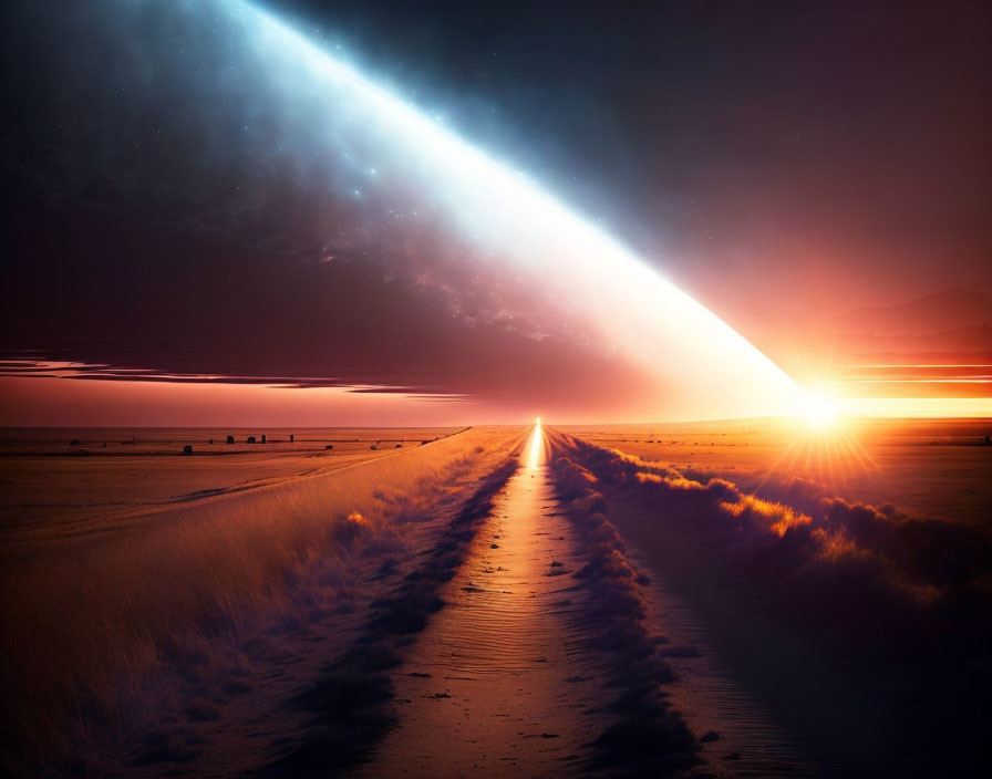 Surreal road landscape with glowing horizon and celestial body casting dramatic light.