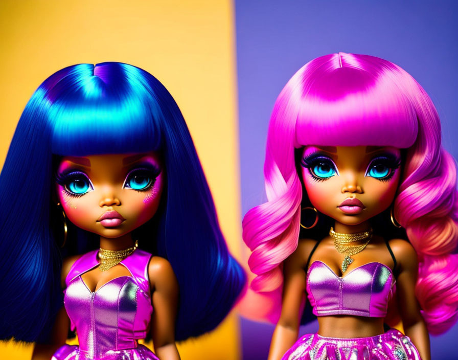 Colorful Fashion Dolls with Blue and Pink Hair in Shiny Dresses