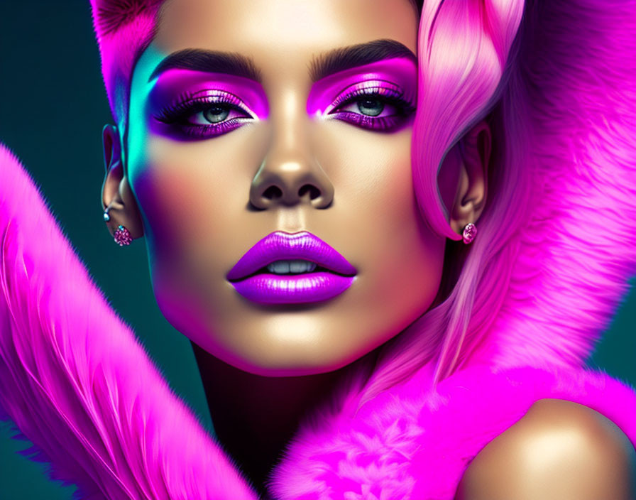 Woman with Vibrant Pink Makeup and Fur: Bold Eyeshadow, Lipstick, and Sleek