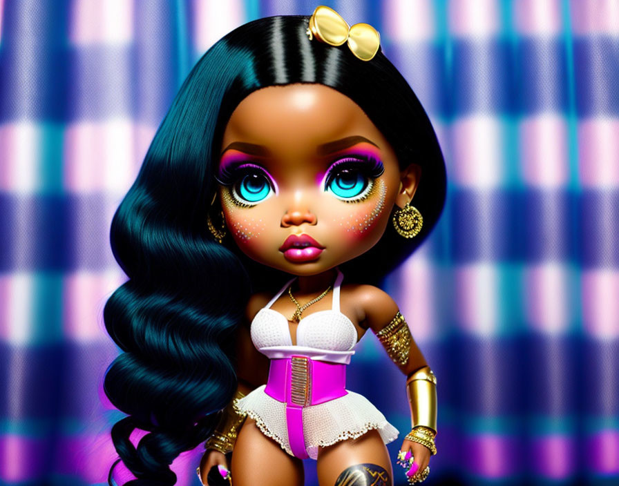 Stylized digital illustration of doll with blue eyes, dark hair, golden accessories, pink outfit on