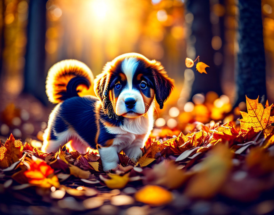 Tricolor puppy in autumn forest with warm sunlight