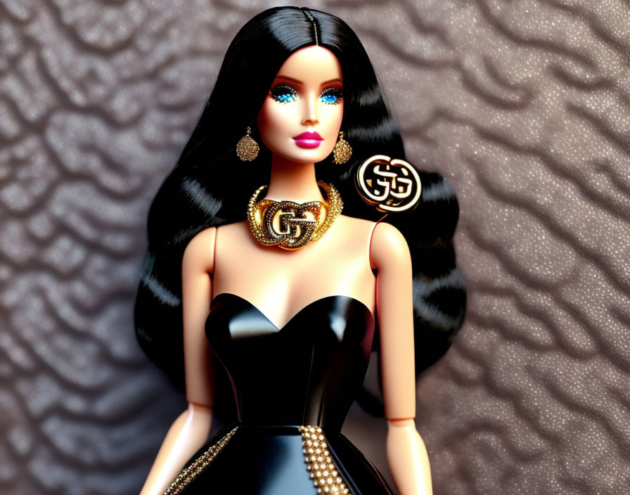 Sleek black hair Barbie doll in gold hoop earrings and black dress on textured background