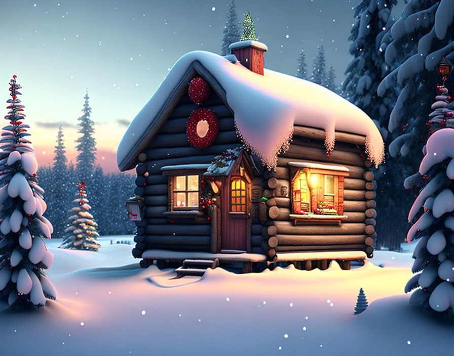 Snow-covered log cabin in twilight surrounded by pine trees