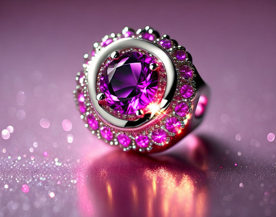 Purple gemstone ring with pink crystals on magenta surface