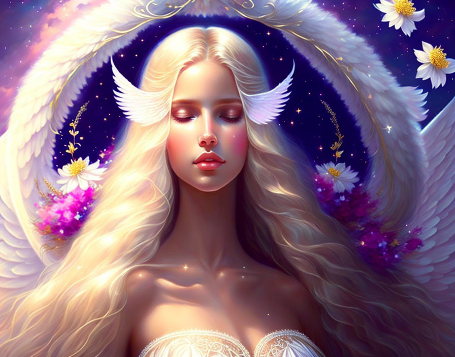 Fantastical image: Woman with flowing hair, angelic wings, glowing flowers, and halo