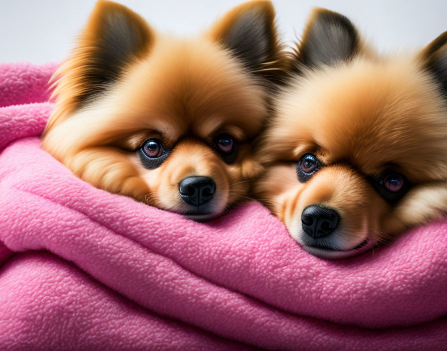 Fluffy Pomeranian dogs in pink blanket gaze at camera