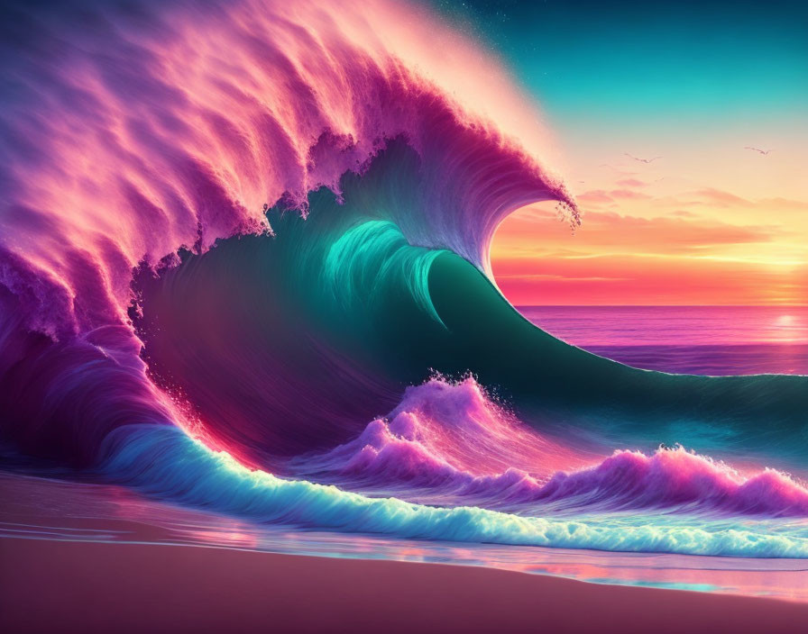 Colorful digital artwork: Wave in pink and purple hues at sunset