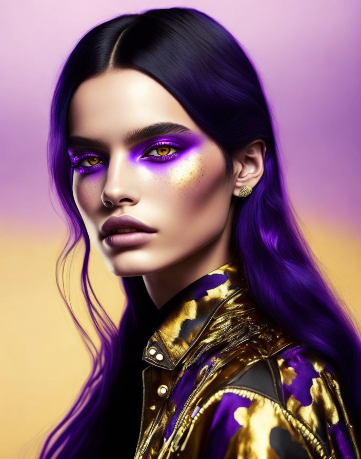 Woman with Purple Makeup and Dark Hair in Gold Shirt on Gradient Background