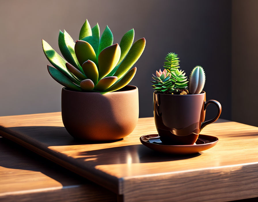 Succulent Plants in Brown Pot and Coffee Cup on Wooden Table