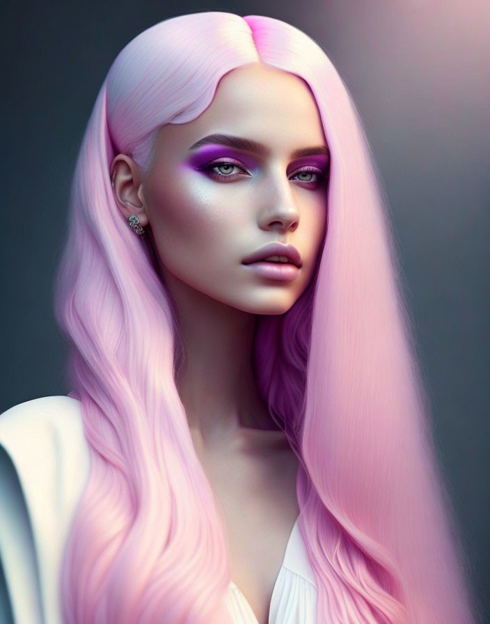 Vibrant portrait featuring person with long pink hair and bold makeup