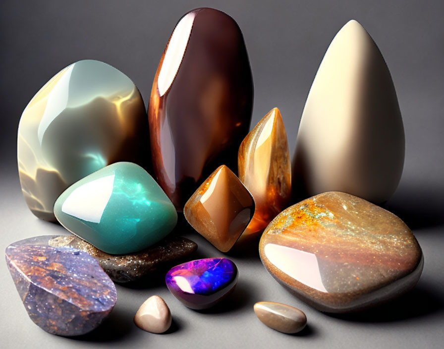 Assorted Colorful Polished Gemstones on Gray Background