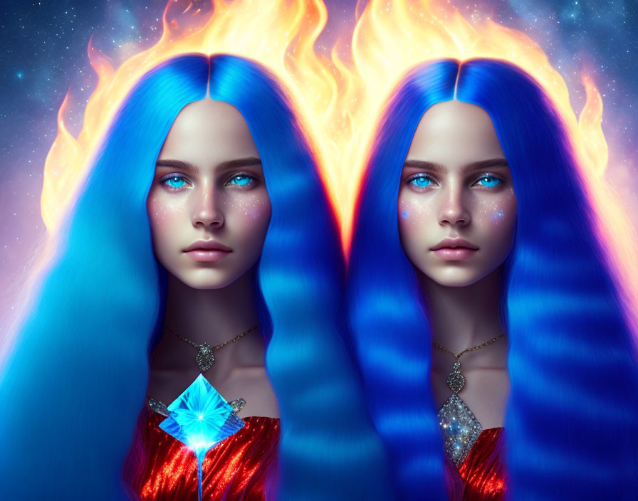 Blue-haired twin figures with fiery hair, glowing eyes, gemstone necklaces, and a starry