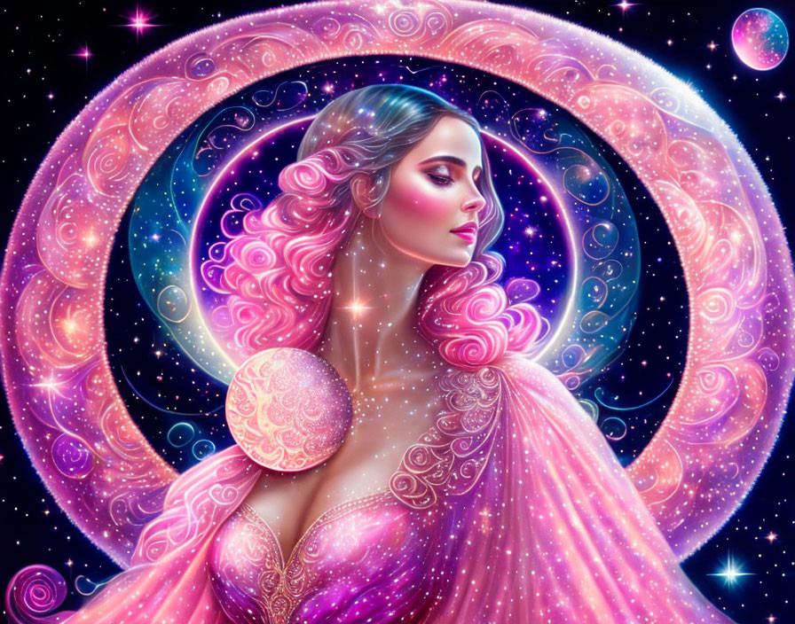 Ethereal Woman with Pink Hair in Spiral Galaxy