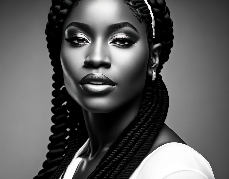 Woman portrait: monochrome, braided hair, bold makeup, earring, confident demeanor