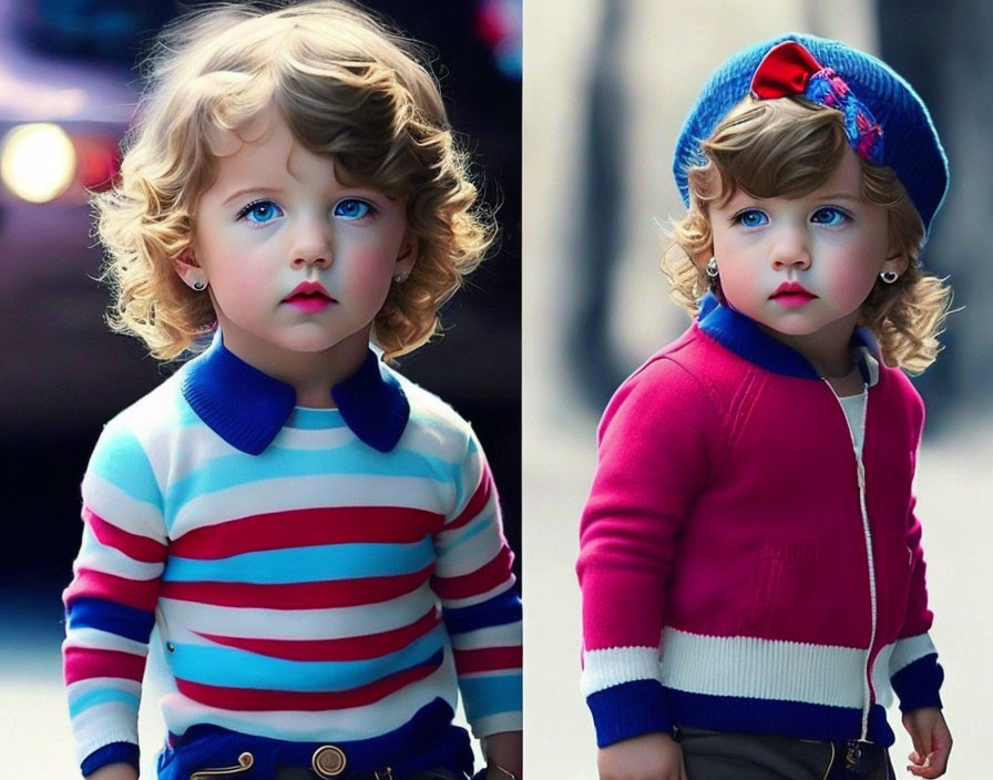 Young child with curly hair in striped shirt & pink jacket with blue hat side-by-side