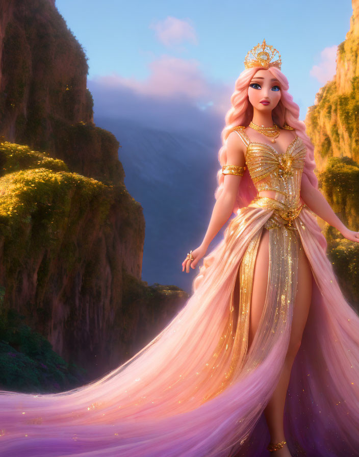 Golden gown princess in front of sunlit cliffs