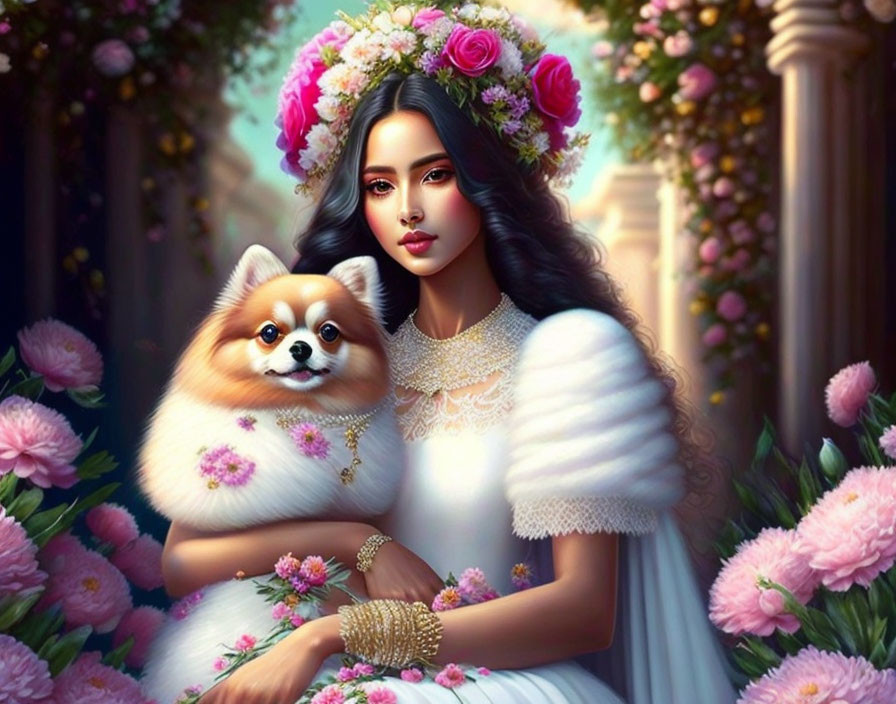 Woman in floral crown holds Pomeranian dog in pink flowers