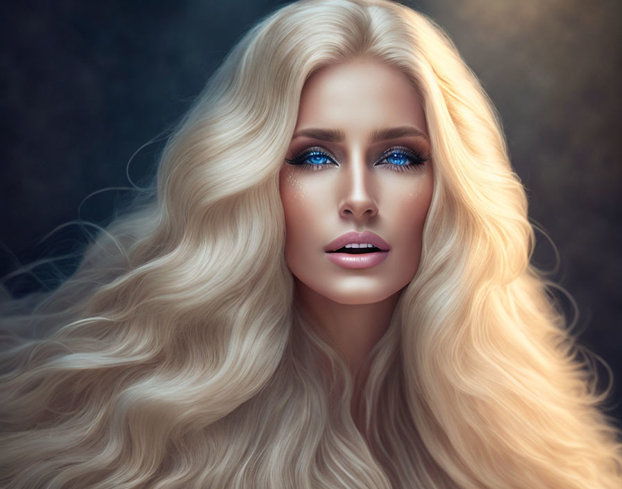 Blonde woman's digital portrait with blue eyes and makeup