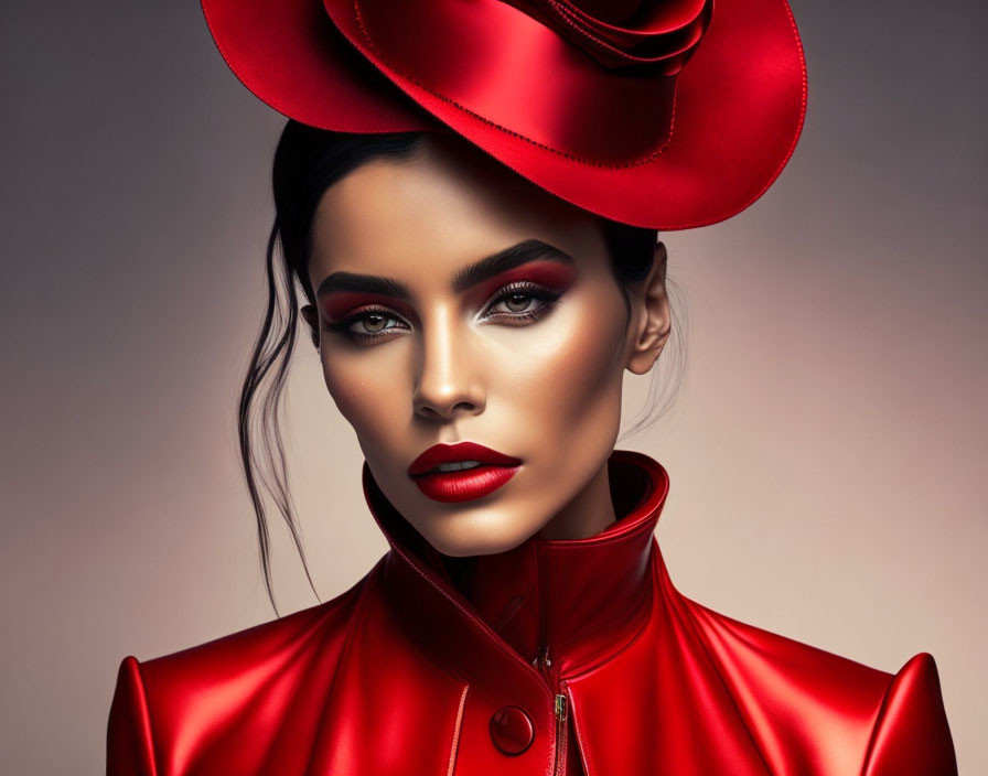 Woman with Bold Red Makeup and Hat Against Beige Background