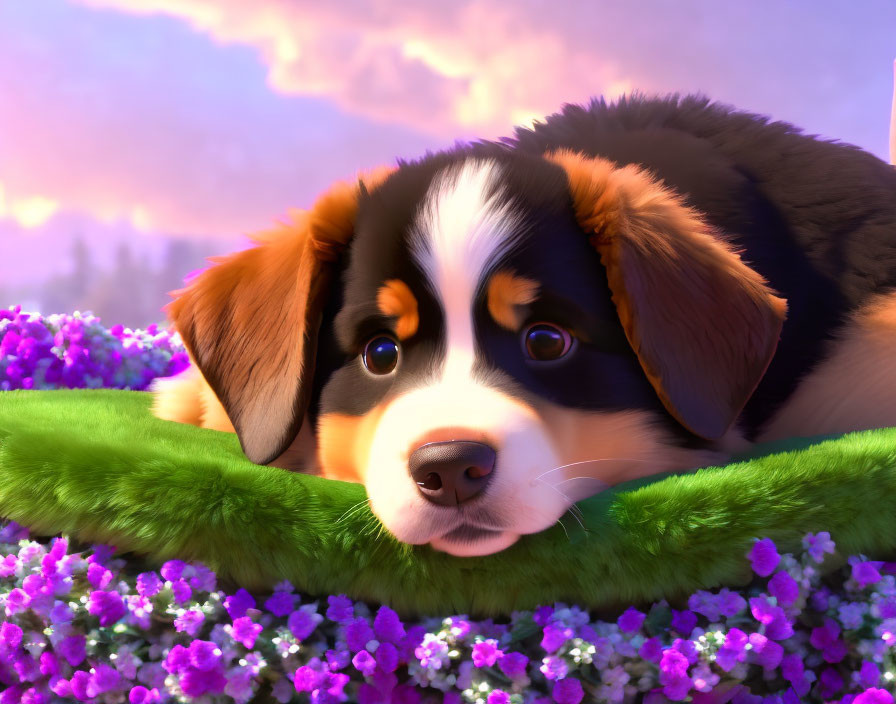 Bernese Mountain Dog Puppy Resting Chin on Green Surface with Purple Flowers in Animated Image