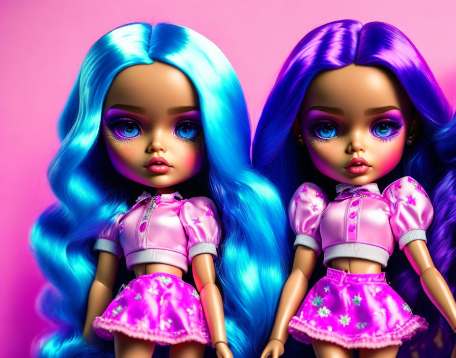 Colorful Dolls with Matching Outfits on Pink Background