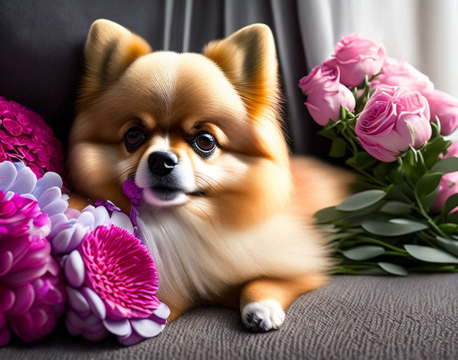 Fluffy Pomeranian Dog Resting Near Pink and Purple Flowers