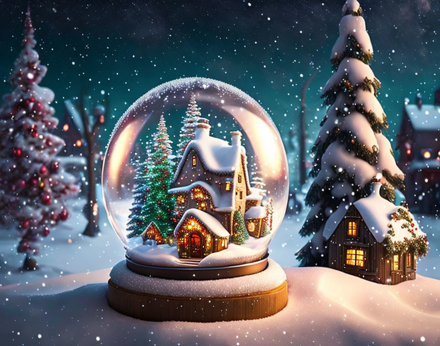 Snowy Globe with Illuminated House in Winter Scene