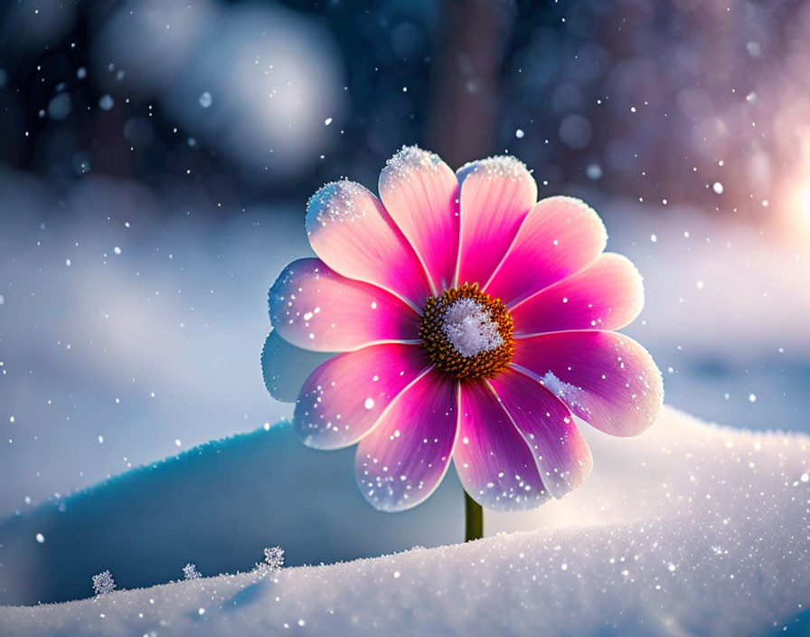 Pink flower with yellow center in snowy backdrop with snowflakes.