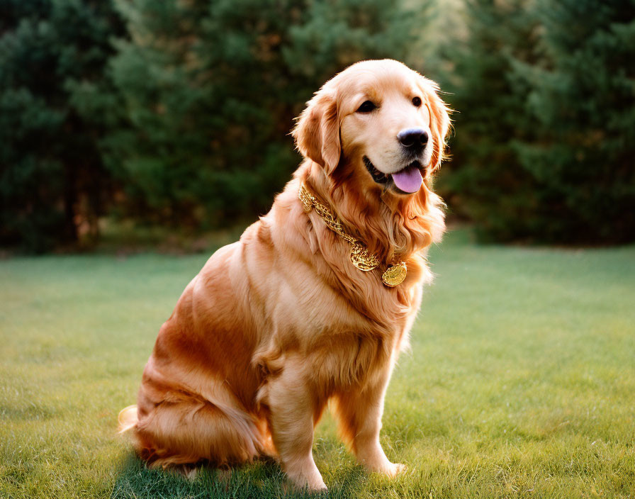 Golden Retriever Sitting on Grass with Tongue Out and Collar, Trees in Background