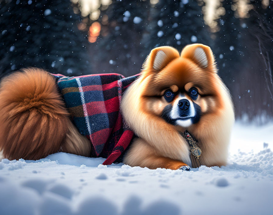 Fluffy Pomeranian Dog in Checkered Blanket Snow Scene