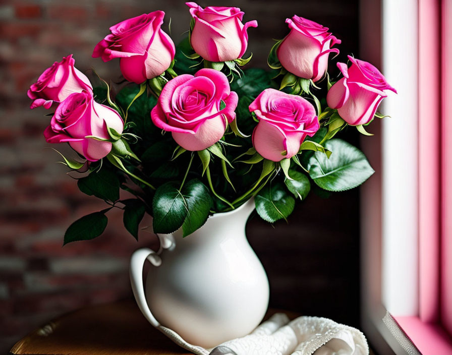 Pink roses bouquet in white vase near window with soft natural light