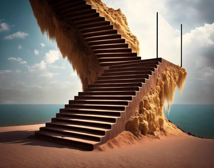 Surreal staircase on sand dune under clear blue sky