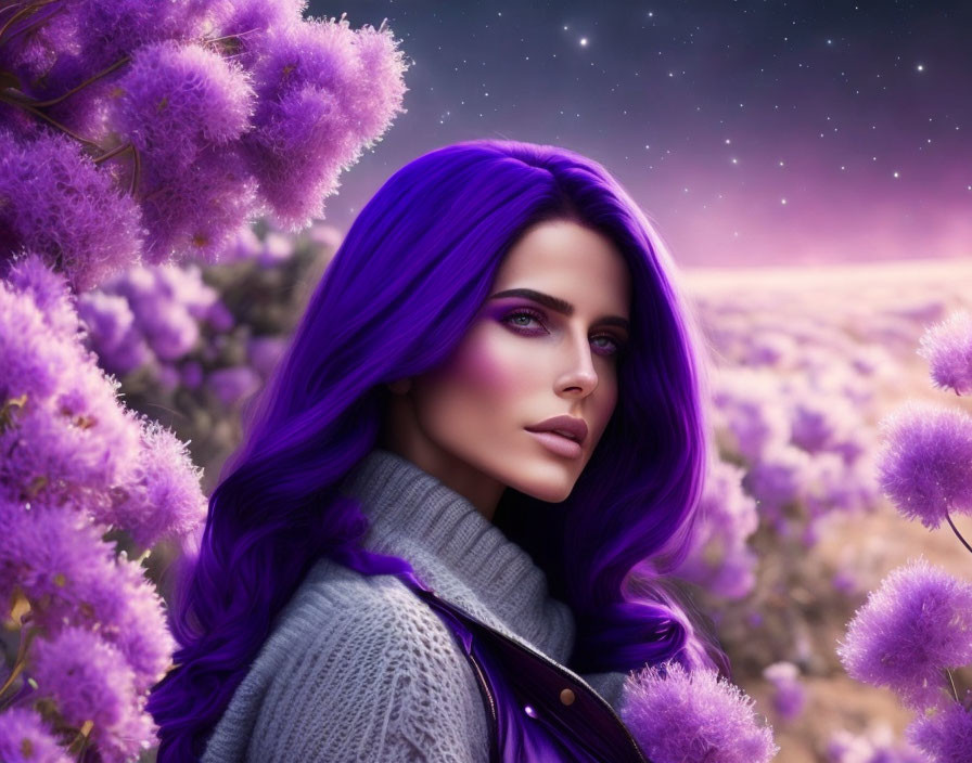 Woman with Purple Hair Surrounded by Flowers and Starry Sky