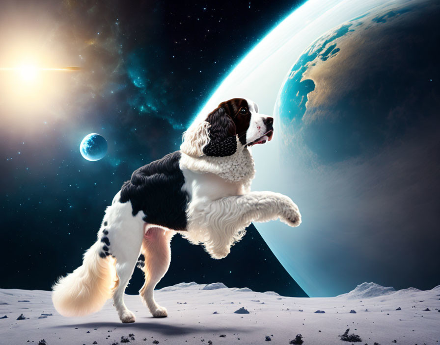 Floating dog with flowing fur on lunar surface with Earth and celestial bodies in background