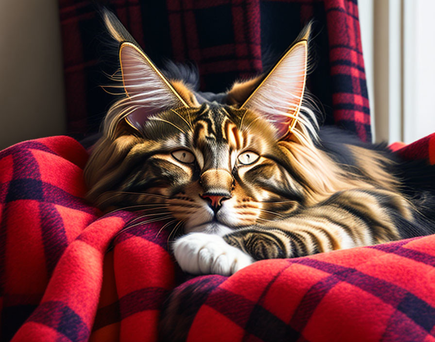 Striped Maine Coon Cat on Red Plaid Blanket in Sunlight