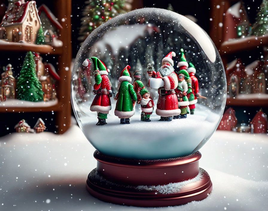 Snow globe with Santa, elves, snowy backdrop & gingerbread houses