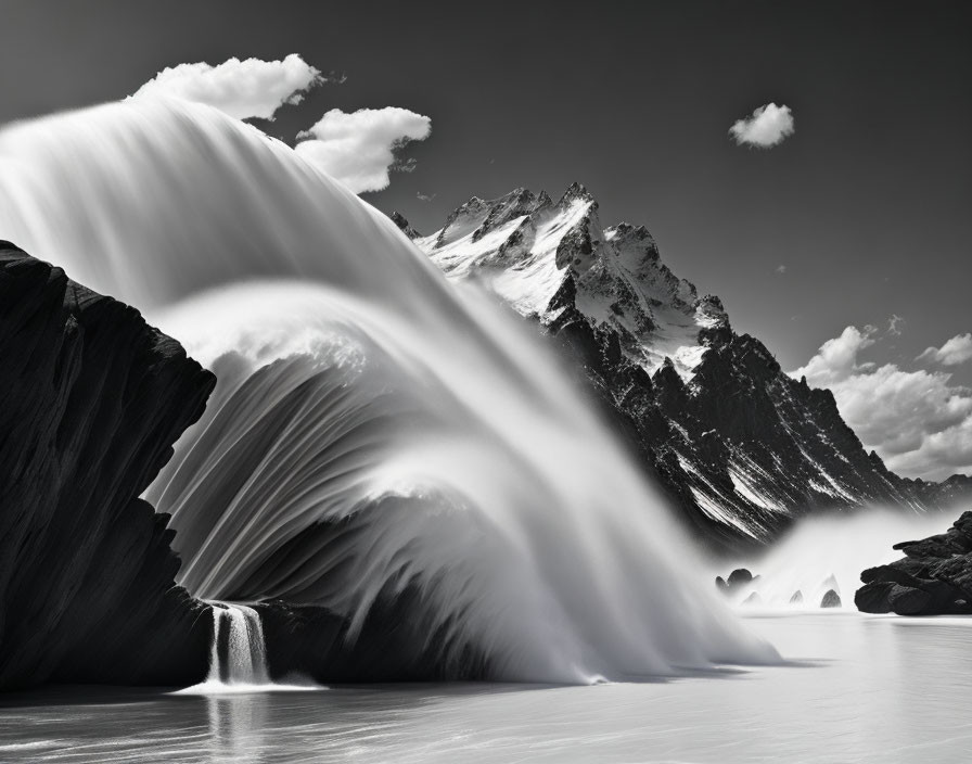 Monochrome landscape: waterfall, cliffs, mountain under cloudy sky