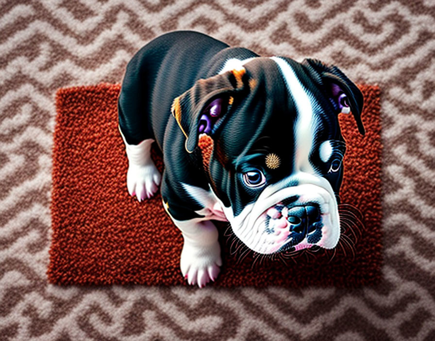 Brindle coat bulldog puppy on red mat with sad eyes