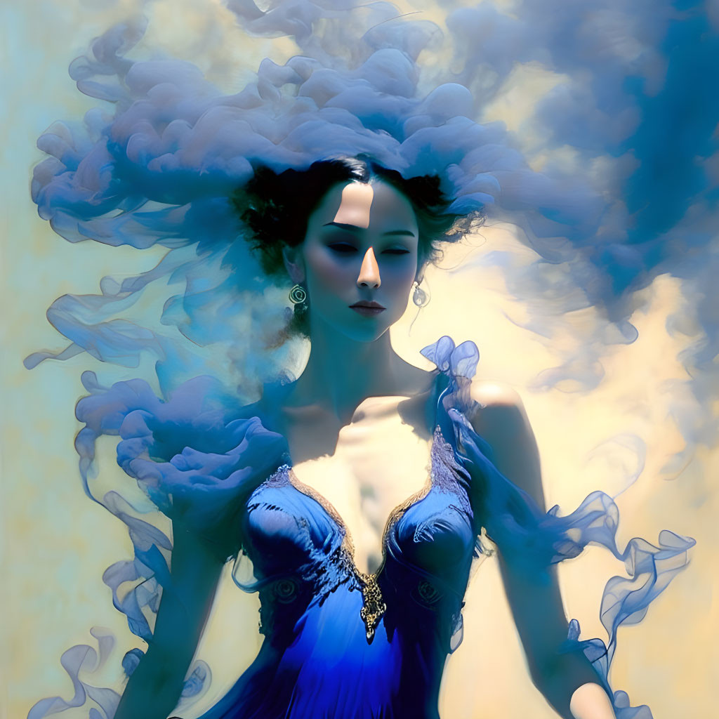 Surreal portrait of woman with cloud-like hairstyle in blue dress on soft blue backdrop