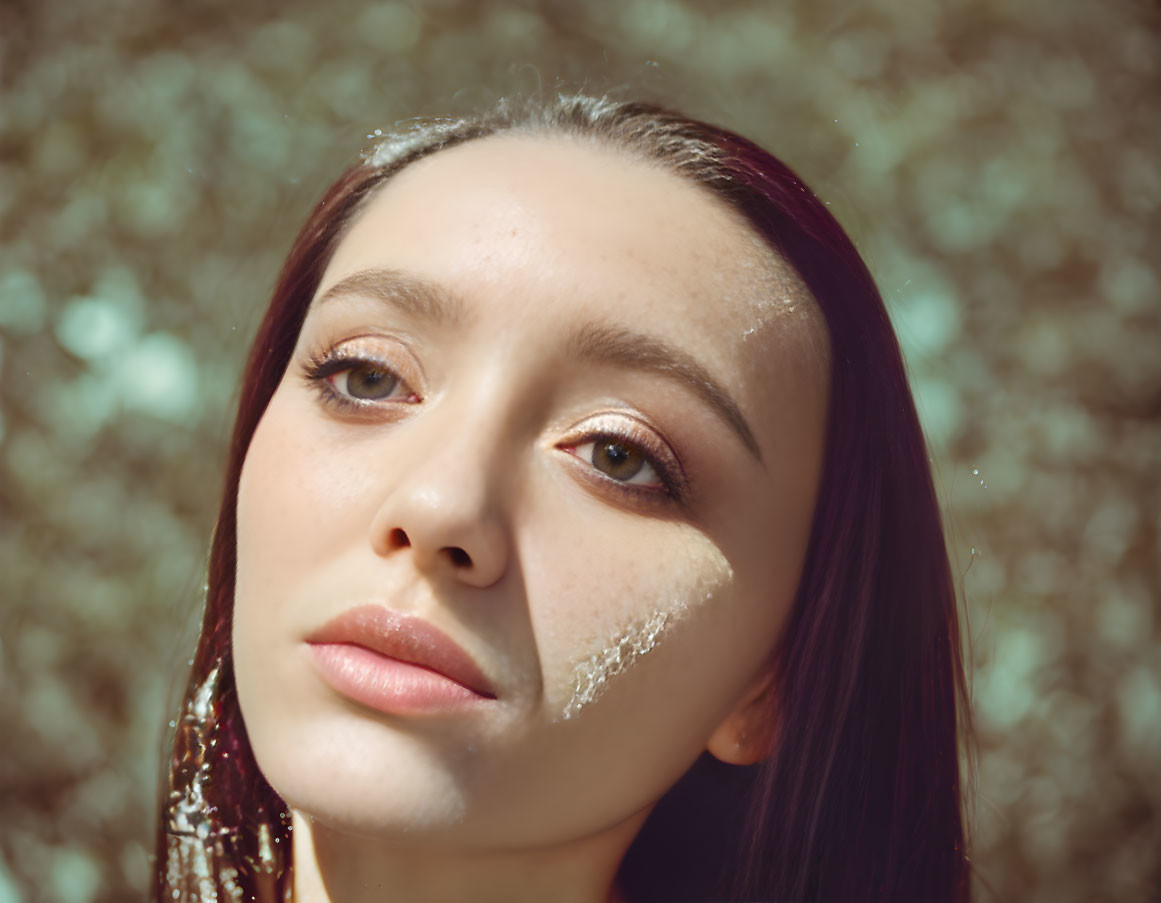 Close-up portrait of woman with glitter on face against bokeh light background