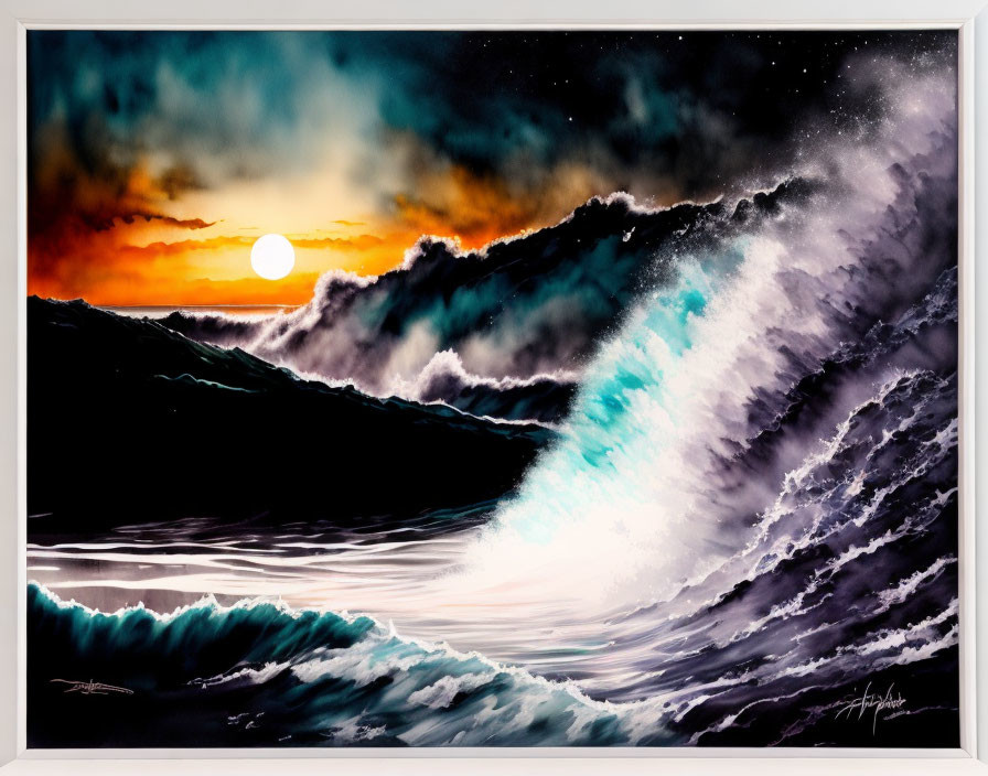 Ocean Sunset Painting with Bright Sun, Dark Clouds, and Cresting Waves