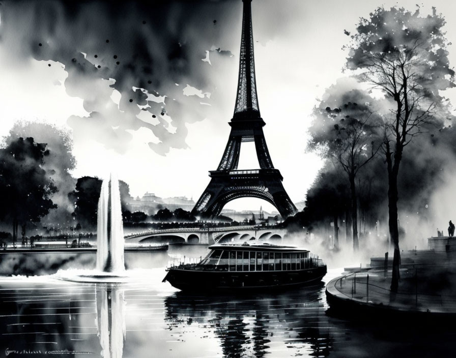 Monochrome painting of Eiffel Tower and Seine River scenery