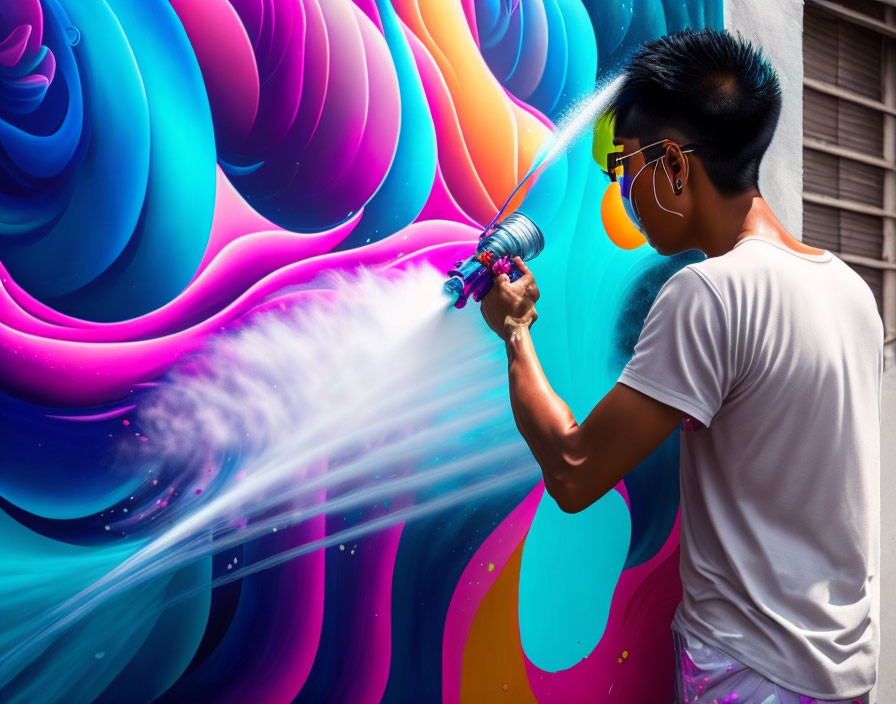 Artist creating vibrant abstract graffiti art on wall with sunglasses and earphones