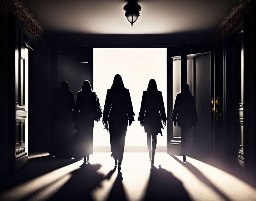 Silhouetted figures walking in dark hallway with bright light