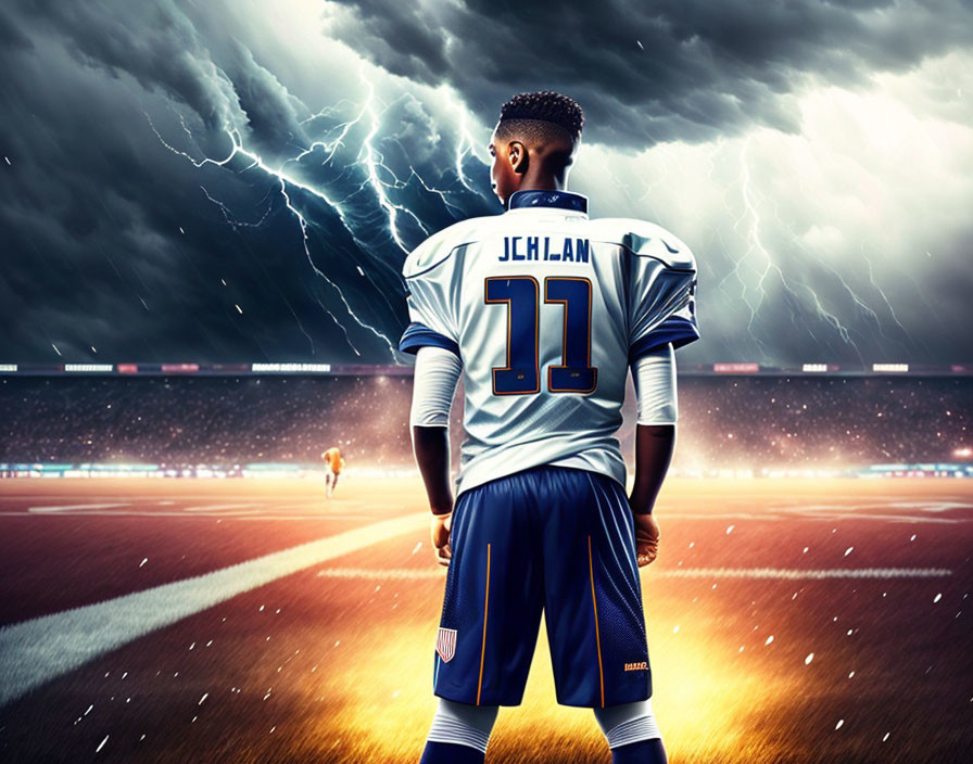 Football player in number 11 jersey on lit field under stormy sky